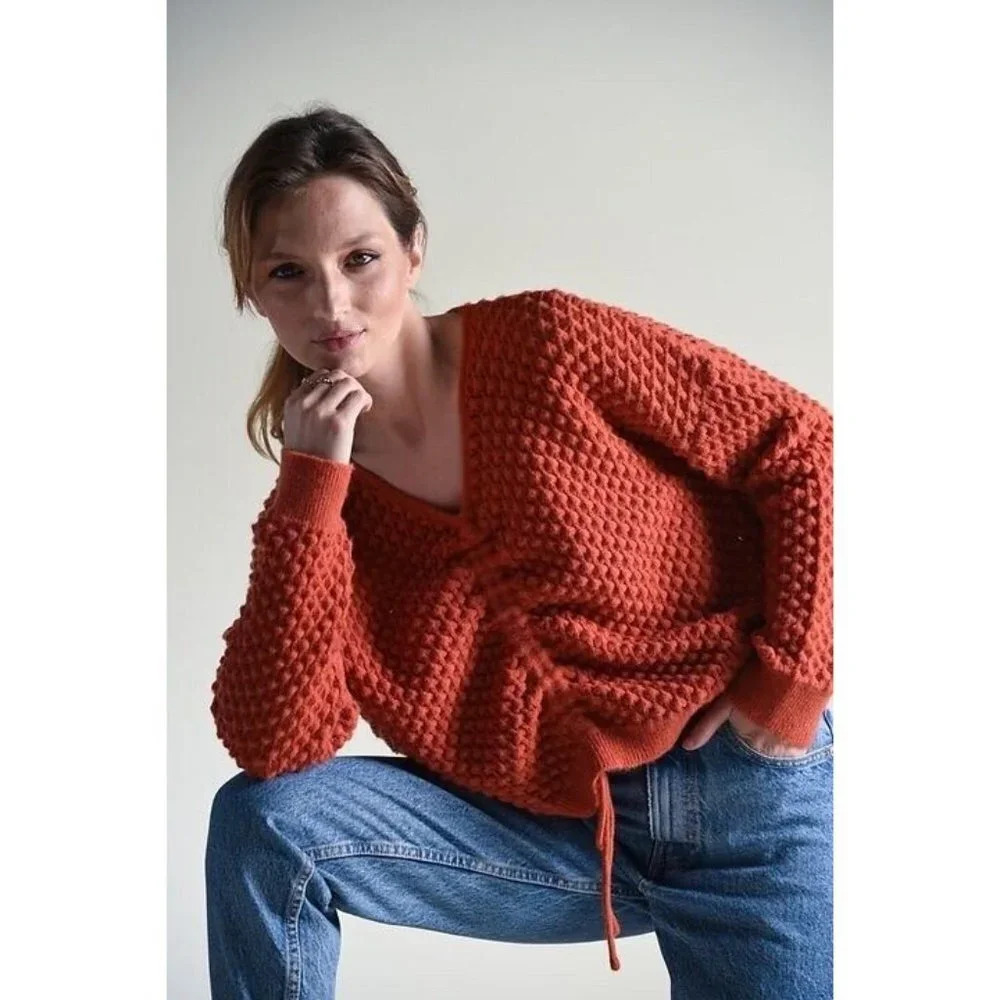 Molly Bracken Popcorn Knit Sweater Burnt Orange V-neck Women’s Size XL Long Slv